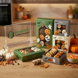 Boîte d'emballage alimentaire jetable verte et grise avec motif de citrouille et de fantôme d'Halloween, adaptée pour l'emballage de biscuits ou d'aliments, service OEM/ODM disponible