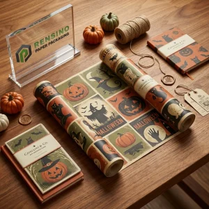 Braunes bedrucktes Geschenkpapier mit Halloween-Kürbis- und Hexenmuster, individuelles Design verfügbar