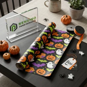 Schwarzes bedrucktes Geschenkverpackungspapier mit Halloween-Kürbis-, Gespenster- und Fledermaus-Muster, individuelles Design verfügbar