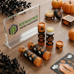 Orange and Black Paper Lip Balm Tube with Halloween Pumpkin and Ghost Pattern for Cosmetic Use, Custom Logo Printing Available