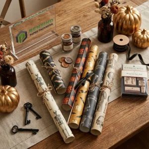 Kraftbedruckte Geschenkpapierrollen mit Halloween-Skelett- und Kürbismustern für Geschenkverpackungen oder Präsentationen, individuelles Design verfügbar