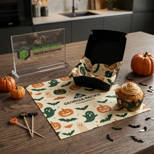 Schwarzes bedrucktes fettdichtes Papier mit Halloween-Muster und dem Text “GEORGIA-PACIFIC FOOD SERVICE”, geeignet für Lebensmittelverpackungen, individuelle Designs verfügbar