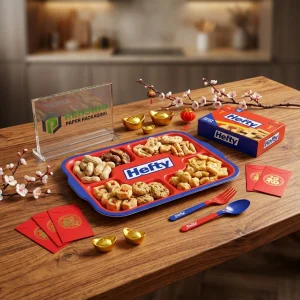 Blau-rote Einweg-Papierlebensmitteltrays mit Snackfächern und bedrucktem Hefty-Text, geeignet für Keks- oder Snackverpackungen, individuelles Logo-Drucken verfügbar