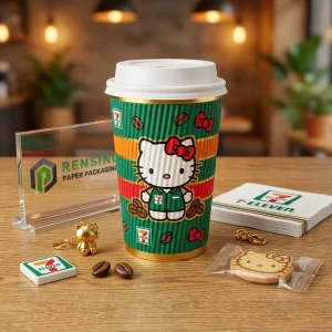 Vaso de papel colorido con impresión de Hello Kitty y granos de café, adecuado para embalaje de bebidas o regalos, impresión de logotipos personalizada disponible