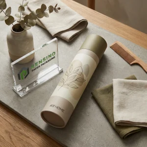 Printed Kraft Fabric Paper Tube Packaging with Leaf Illustration, Suitable for Fabric or Home Textile Packaging, Custom Design Available