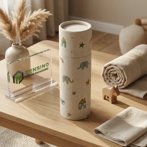 Tubo de papel de tela de color natural con patrón impreso de elefante y casa, adecuado para embalaje de tela o minorista, diseño personalizado disponible