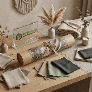 Tubo de papel de tela kraft con patrón textil impreso y lazo de cinta, adecuado para embalaje de tela o venta al por menor, diseño personalizado disponible