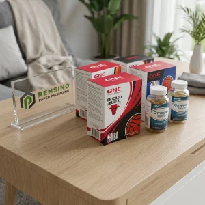 Rot und Blau bedruckte Pappe Verpackungsschachtel mit NBA und GNC Logos, geeignet für pharmazeutische oder Gesundheitsproduktverpackung, OEM/ODM-Service verfügbar