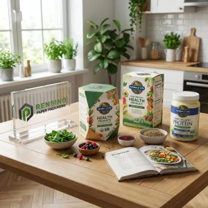 Caja de papel verde y beige con ilustraciones botánicas y de nueces para productos de salud, adecuada para empaques de alimentos, diseño personalizado disponible