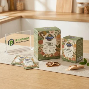 Caja de embalaje de papel verde Garden of Life con ilustración de frutas para el embalaje de polvo de vitamina C, adecuada para embalaje de alimentos o suplementos, servicio OEM/ODM disponible