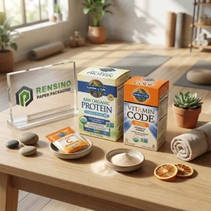 Caja de empaquetado de papel impresa en verde y naranja con texto de suplemento nutricional, adecuada para empaques de alimentos o farmacéuticos, servicio OEM/ODM disponible