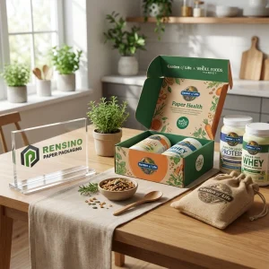 Caja de regalo de papel verde y naranja con texto impreso “Jardín de la Vida” y patrón de frutas y verduras, adecuada para empaques de alimentos o suplementos, servicio OEM/ODM disponible