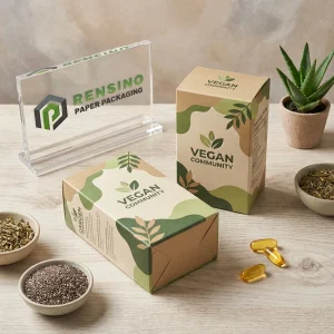 Caixa de Embalagem de Papel da Comunidade Vegana com Padrão de Folha Verde, Adequada para Embalagem de Alimentos ou Varejo, Design Personalizado Disponível