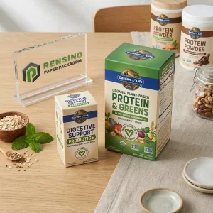 Caja de embalaje de papel verde y azul con logo impreso y patrón natural, adecuada para embalaje de alimentos o regalos, diseño personalizado disponible