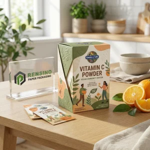 Bunte Papierbox mit dem gedruckten Text “Garden of Life” und “Vitamin C Powder”, geeignet für Nahrungsergänzungsmittelverpackungen, individuelles Design verfügbar