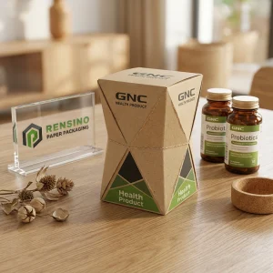Kraftpapier GNC Gesundheitsproduktverpackung mit bedrucktem Logo und geometrischem Muster, geeignet für Lebensmittel- oder Kosmetikverpackungen, individuelles Design verfügbar