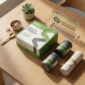 Caja de papel verde y blanca de GNC con texto impreso para empaques de productos de salud, adecuada para empaques de alimentos o venta al por menor, diseño personalizado disponible