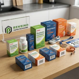 Bunte Papierverpackungsbox mit bedruckten GNC- und Probiotika-Komplexetiketten, geeignet für die Verpackung von Nahrungsergänzungsmitteln oder Gesundheitsprodukten, OEM/ODM-Service verfügbar