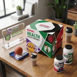 Bunte Papierverpackungsbox mit bedruckten Logos und sportlichen Grafiken, geeignet für Geschenke, Lebensmittel oder Einzelhandelsverpackungen, individuelles Design verfügbar