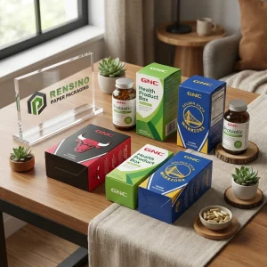 Bunte Papierverpackungsbox mit bedruckten Logos und Produktbildern, geeignet für Geschenk-, Lebensmittel- oder Einzelhandelsverpackungen, individuelles Design verfügbar