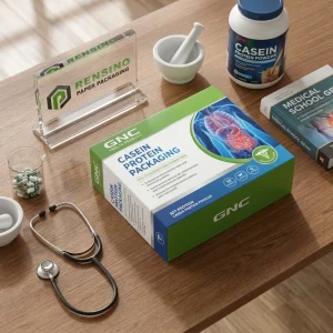 Caja de empaque de papel verde y azul con texto impreso “GNC” e ilustración médica, adecuada para empaques de alimentos o venta al por menor, diseño personalizado disponible