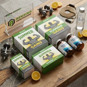 “GNC” 및 “SUMMER GAINS” 텍스트가 인쇄된 녹색 및 흰색 종이 상자, 식품 또는 보충제 포장에 적합, OEM/ODM 서비스 가능