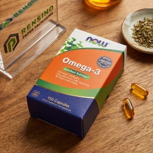 Bunte Papierschachtel mit bedrucktem “NOW”-Logo und Omega-3-Kapseln, geeignet für Lebensmittel- oder Ergänzungsverpackungen, OEM/ODM-Service verfügbar