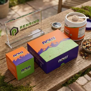 Bunte Papierverpackungsbox mit Bergmuster und klarer Markenkennzeichnung, geeignet für Geschenk-, Lebensmittel- oder Einzelhandelsverpackungen, OEM/ODM-Service verfügbar