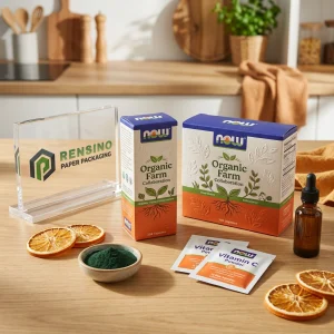 Boîte d'emballage en papier blanc avec logo imprimé et motif de feuille, adaptée pour l'emballage cadeau, alimentaire ou de détail, design personnalisé disponible