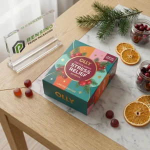 Bunte Papiertüte mit bedrucktem “OLLY”-Text und Weihnachtsmuster, geeignet für Geschenk-, Lebensmittel- oder Einzelhandelsverpackungen, individuelles Design verfügbar