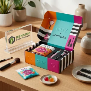 Scatola regalo in carta multicolore con logo stampato e motivo trucco, adatta per imballaggio cosmetico o regalo, servizio OEM/ODM disponibile