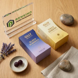 Caja de embalaje de papel crema y azul con texto impreso y logo, adecuada para regalos, alimentos o empaques de venta al por menor, diseño personalizado disponible