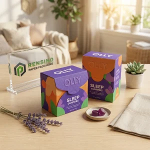 Lila und Orange Papierschachtel mit gedrucktem “OLLY”-Text und abstraktem Muster, Geeignet für Geschenk- oder Lebensmittelverpackungen, OEM/ODM-Service Verfügbar