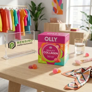 Boîte d'emballage en papier imprimé rose et vert avec motif coloré, adaptée pour les cadeaux, les cosmétiques ou l'emballage de détail, design personnalisé disponible