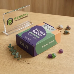 Bunte Papierbox mit Stressabbau-Text und abstraktem Muster, geeignet für Geschenke, Einzelhandel, Lebensmittel oder Kosmetikverpackungen, individuelle Gestaltung verfügbar