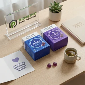 Blaue und lila Papierverpackungsbox mit gedrucktem “OLLY”-Text und Schlafgummimuster, geeignet für Lebensmittel- oder Ergänzungsverpackungen, OEM/ODM-Service verfügbar
