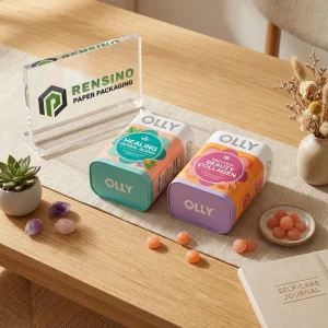 Boîte en papier de couleur pastel avec logo imprimé et motif floral, adaptée pour l'emballage de cosmétiques ou de cadeaux, design personnalisé disponible