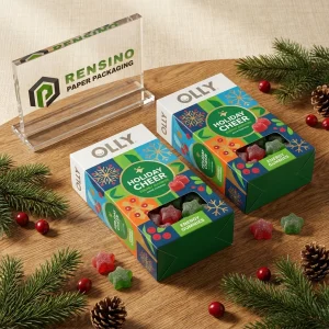 Bunte Geschenkpapierverpackungsbox mit Weihnachtsmuster und klarer Markenkennzeichnung, geeignet für Lebensmittel- oder Einzelhandelsverpackungen, benutzerdefiniertes Design verfügbar
