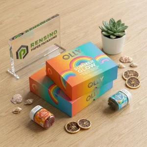 Bunte Papierschachtel mit Regenbogenmuster und gedrucktem Logo, geeignet für Geschenk- oder Einzelhandelsverpackungen, individuelles Design verfügbar