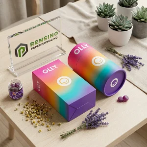 Bunte Papierrohrverpackung mit bedrucktem Logo und Farbverlaufmuster, geeignet für Geschenk- oder Einzelhandelsnutzung, individuelles Design verfügbar