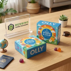 Blaue Papierbox mit buntem Reise- und Stressabbau-Muster, geeignet für Geschenk- oder Einzelhandelsverpackungen, individuelles Design verfügbar