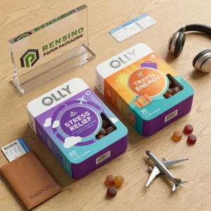 Bunte Papierschachtel mit bedrucktem “OLLY”-Text und reisebezogenem Muster, geeignet für Geschenk-, Lebensmittel- oder Einzelhandelsverpackung, OEM/ODM-Service verfügbar
