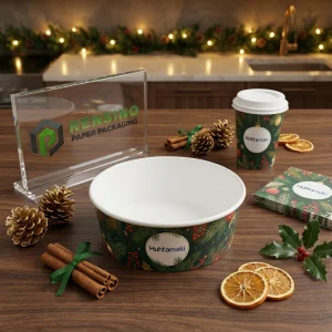 Green and Red Printed Paper Bowl with Holiday Foliage Pattern for Food Packaging, Custom Logo Printing Available