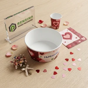Bol en papier rouge et rose imprimé avec motif de cœur pour l'emballage alimentaire, impression de logo personnalisée disponible