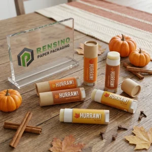 Kraft Paper Lip Balm Tube with Printed Text and Maple Leaf Pattern for Cosmetic or Gift Use, Custom Design Available