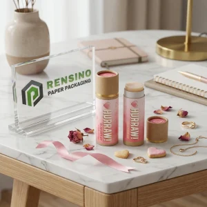 Tubo di balsamo labbra in carta rosa e Kraft con motivo a cuore per uso cosmetico o regalo, design personalizzato disponibile