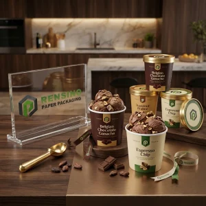 印刷されたチョコレートとコーヒーのテキスト付きの茶色とクリームの紙アイスクリームカップ、食品包装に適し、カスタムロゴ印刷が可能