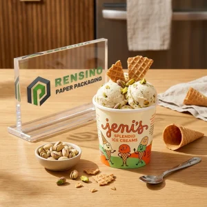 Tazza di imballaggio alimentare in cartone stampato con personaggi dei cartoni animati del gelato e decorazione di pistacchio, adatta per imballaggio di gelato o cibi surgelati, servizio OEM/ODM disponibile