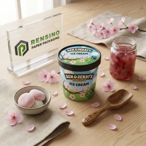 Blau und grün bedruckter Papier-Eisbecher mit Kirschblütenmuster, geeignet für Lebensmittelverpackungen, individuelles Design verfügbar