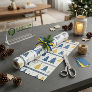 Papel de Embalagem para Presente Branco e Azul Impresso com Padrão de Árvore de Natal, Design Personalizado Disponível